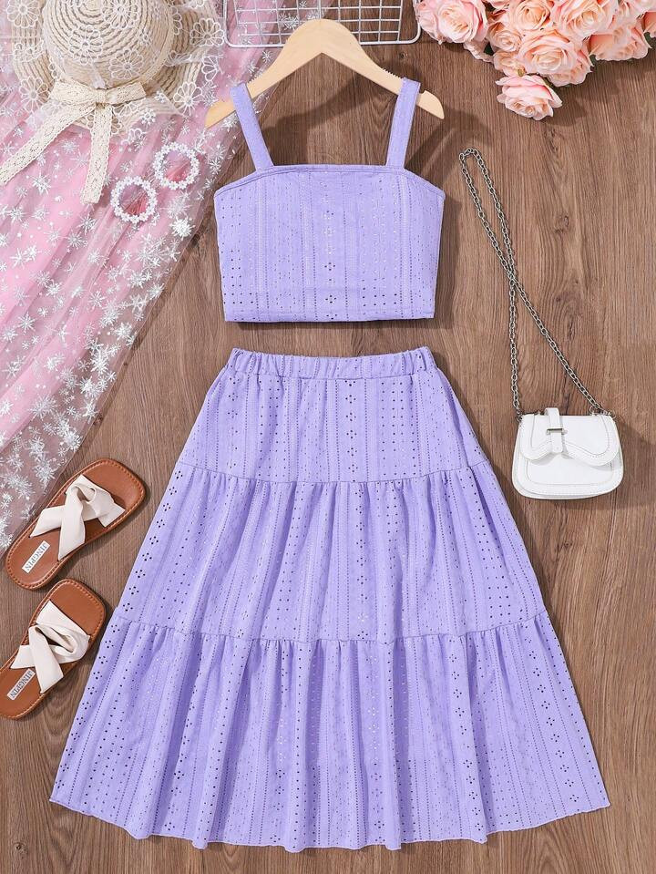 Tween Girl 2pcs/Set Summer Casual Hollow Out Knitted Tank Top And Elastic Waist Ruffle Hem Skirt | SHEIN