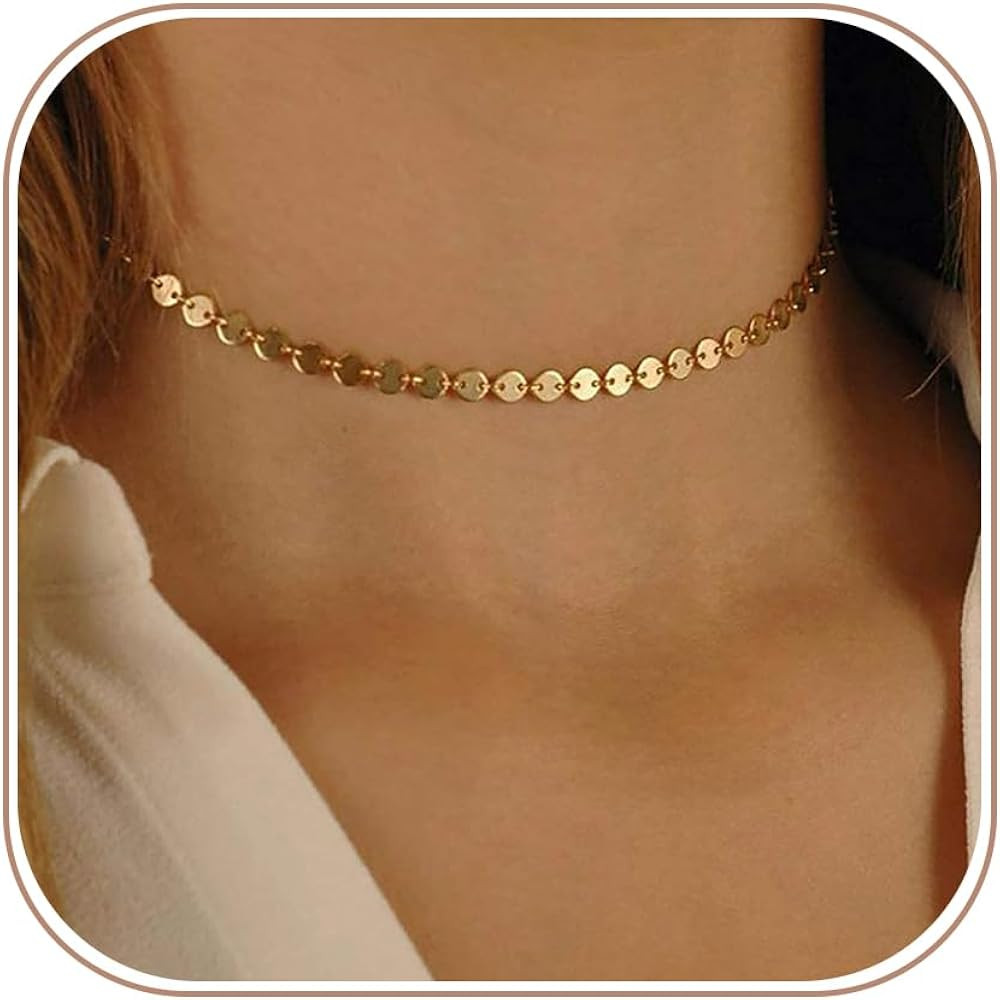 CAROVO Dainty Gold Chain Choker Necklace for Women 18K Gold Plated Minimalist Figaro Beaded Lace ... | Amazon (US)