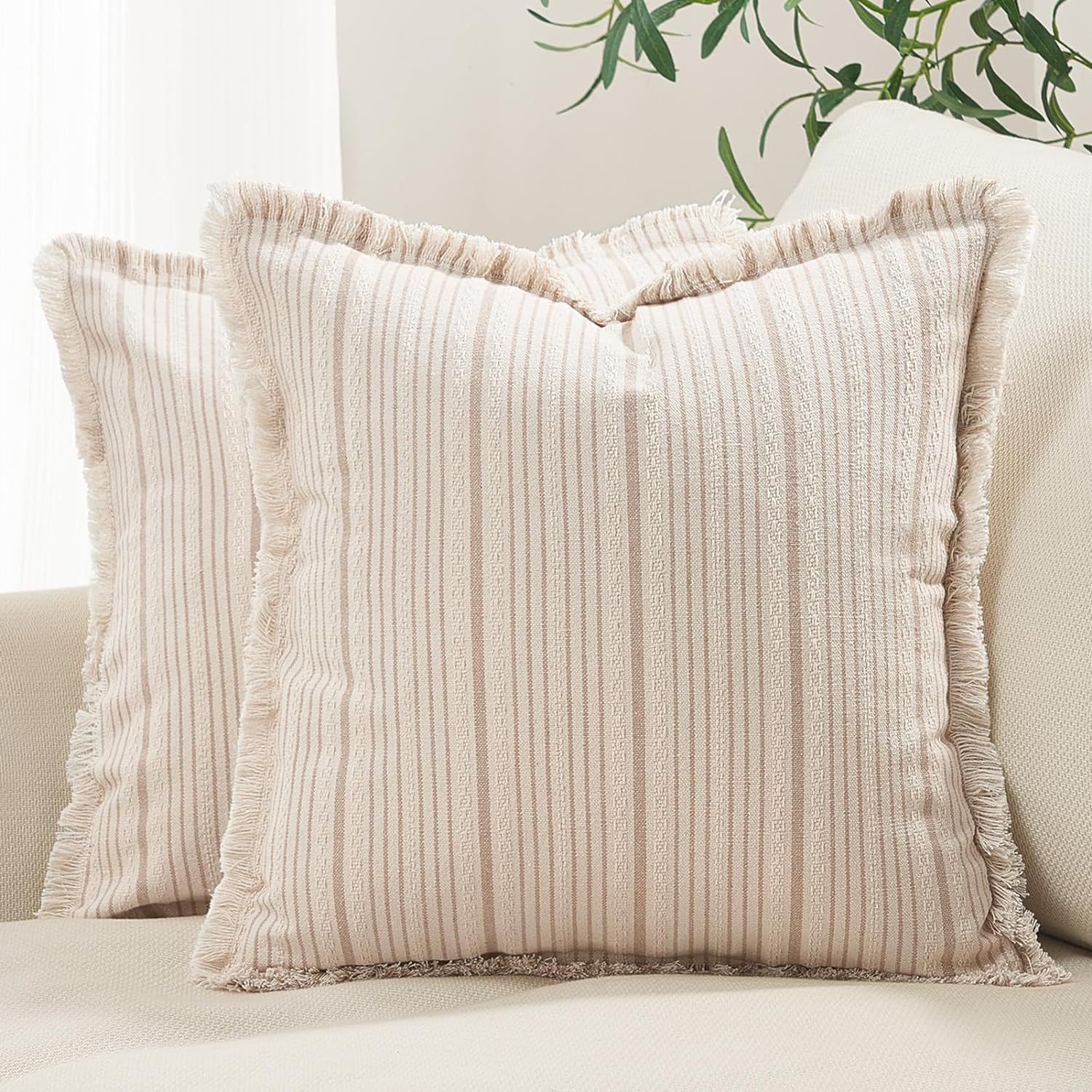 Topfinel Decorative Throw Pillow Covers 18x18 Set of 2, Modern Farmhouse Tan Stripes Pillowcases,... | Amazon (US)