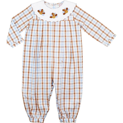 Blue And Brown Check Embroidered Turkey Long Romper | Cecil and Lou