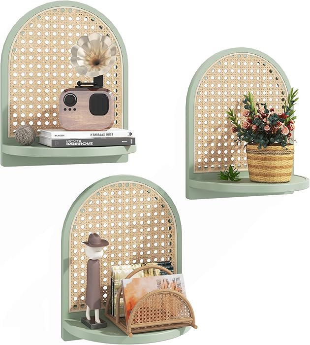 Rattan Wall Shelf Set of 3, 7''Green Rattan Shelves with Wicker Decor, Boho Decor Small Floating ... | Amazon (US)