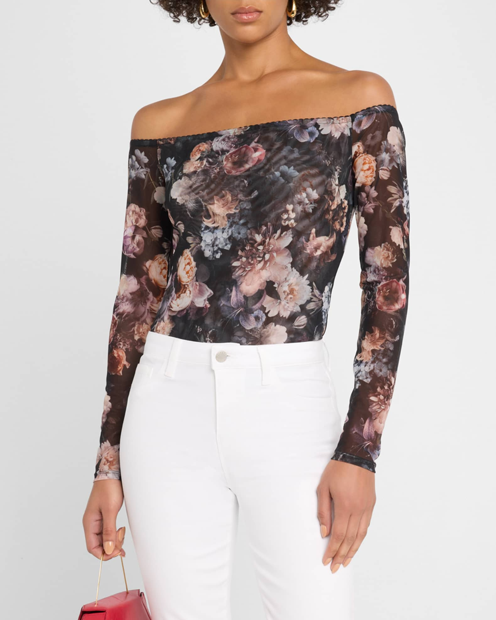 L'Agence Peonie Off-Shoulder Mesh Bodysuit | Neiman Marcus