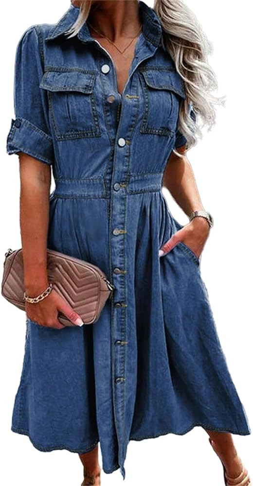 Women Denim Shirt Dress V Neck Short Sleeve Long Bottom Down A-Line Jeans Dresses with Pockets | Amazon (US)