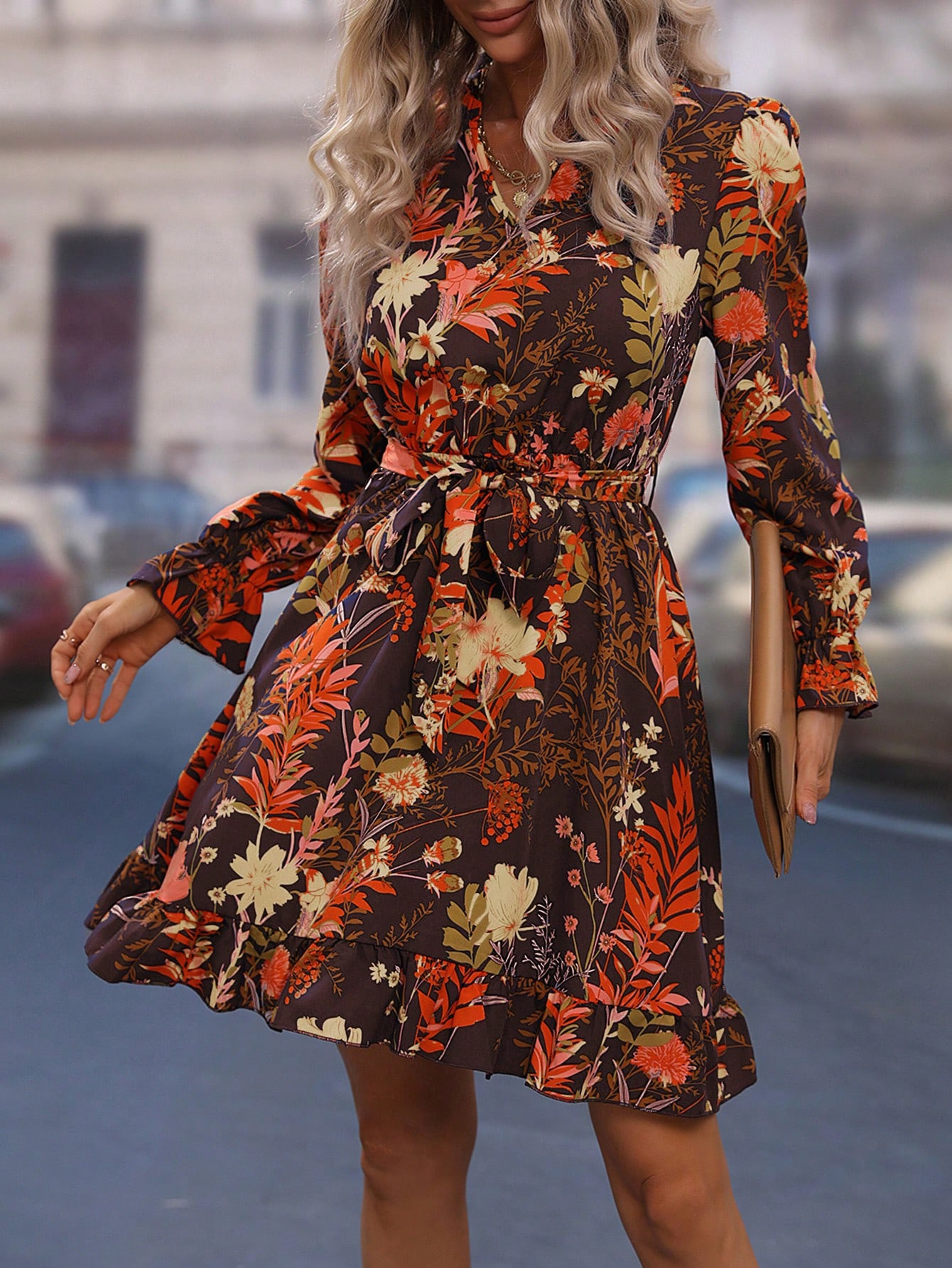 Floral Print Flounce Sleeve Ruffle Hem Belted Dress | SHEIN