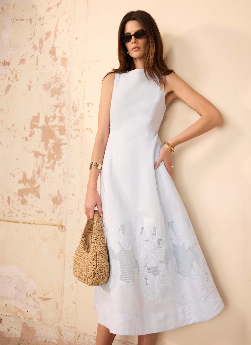 Blue Linen Blend Lace Midi Dress | Mint Velvet