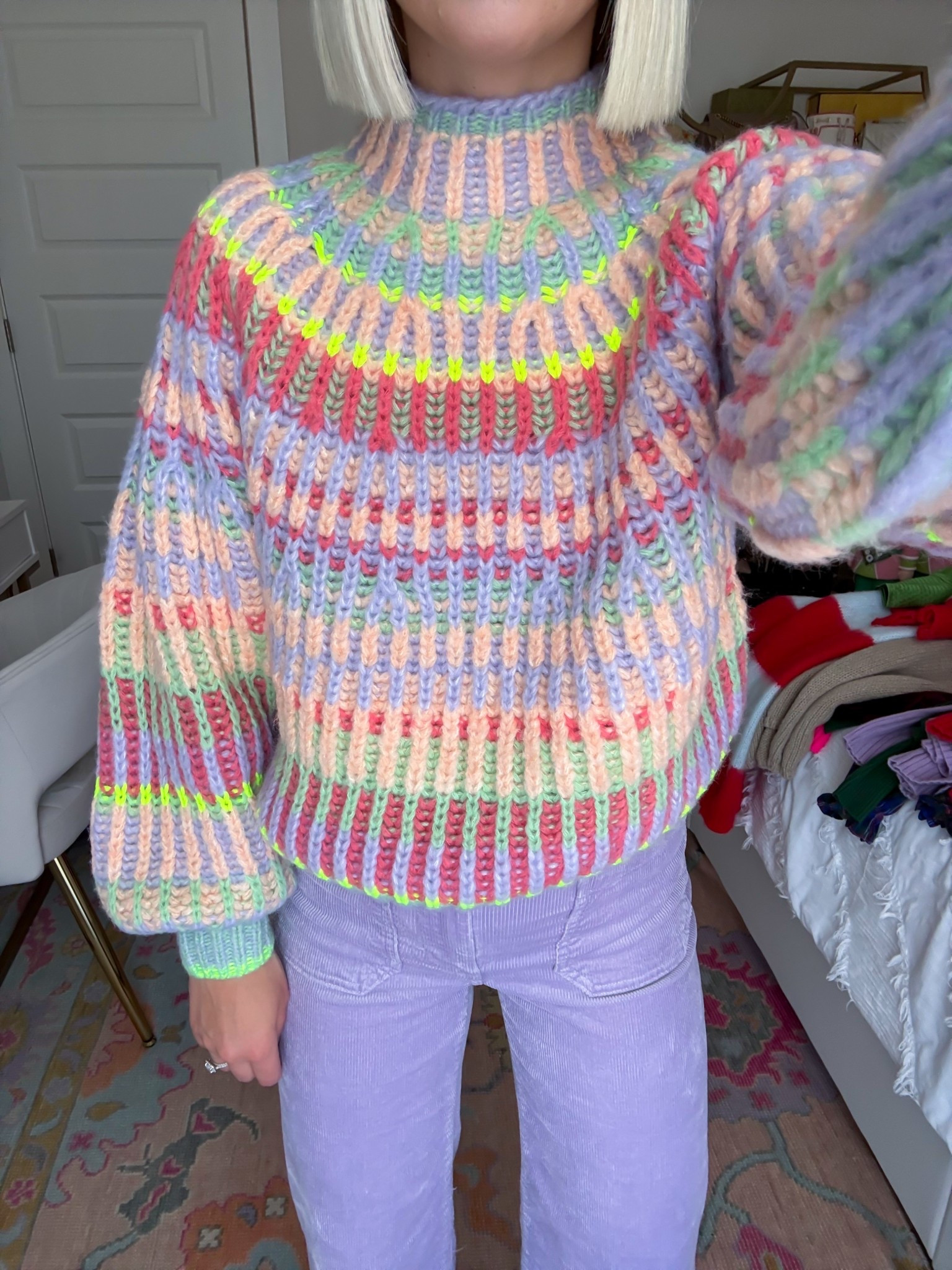 Pastel stripe sweater / multicolored sweater (XXS, size up for looser fit) / lavender Colette corduroy crop wide leg pants (24 regular - I’m 5’2)

#LTKSeasonal #LTKHoliday #LTKGiftGuide