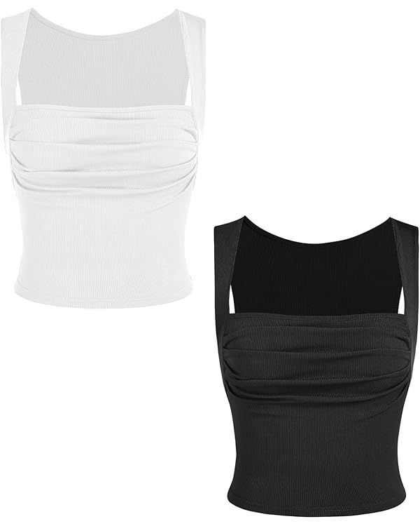 CIDER 2 Pack Solid Ruched Square Neck Crop Top | Amazon (US)