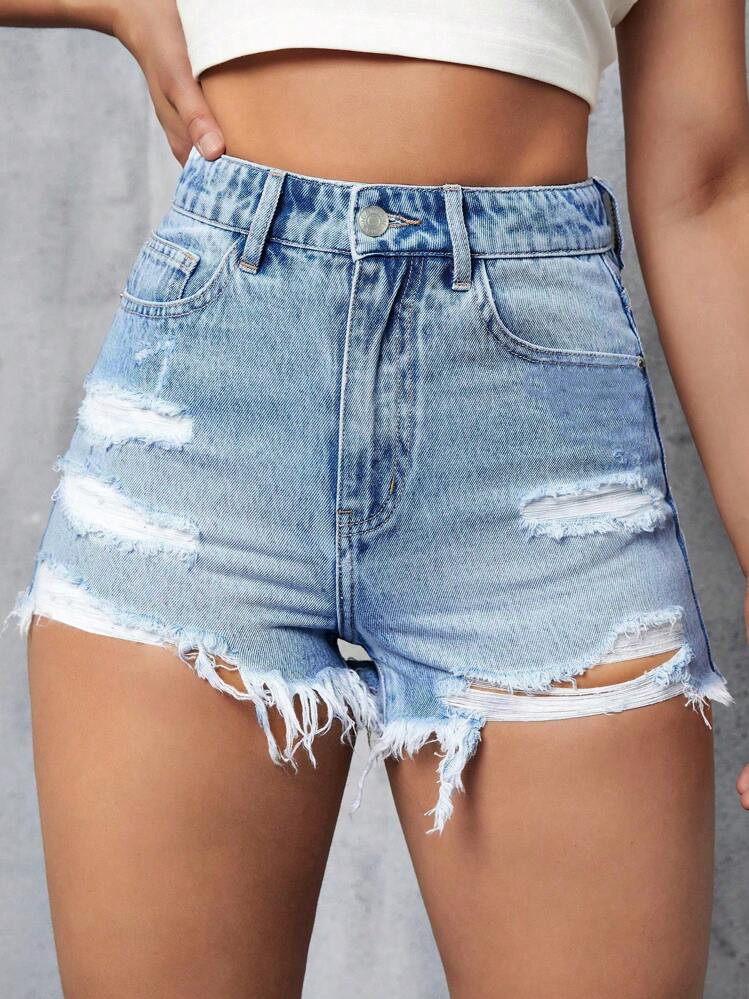 SHEIN Privé Women's Front Button Pocket Distressed Casual Denim Shorts | SHEIN