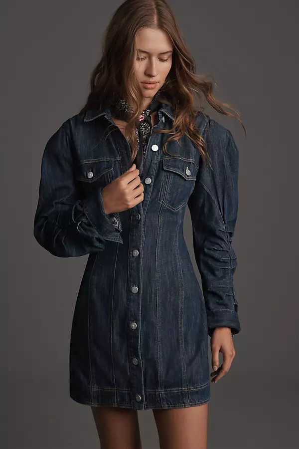 Pilcro Long-Sleeve Button-Front Seamed Denim Mini Dress | Anthropologie (US)