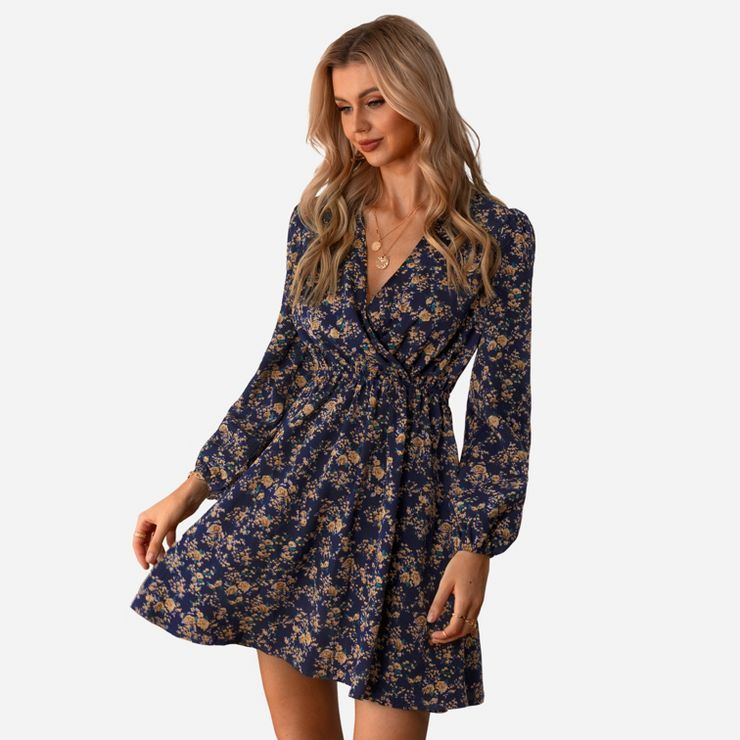 Women's Long Sleeve Elastic Waist Ditsy Floral Dress - Cupshe -Blue | Target