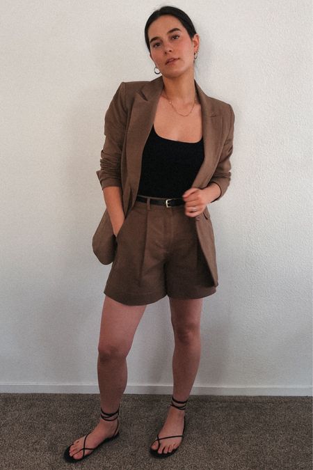 Summer linen trouser short and blazer set from Able. I sized up in the blazer and got my average size in the shorts.

#LTKstyletip #LTKSeasonal #LTKworkwear