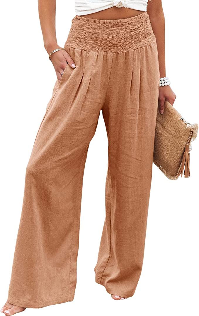 Vansha Women Summer High Waisted Cotton Linen Palazzo Pants Wide Leg Long Lounge Pant Trousers wi... | Amazon (US)