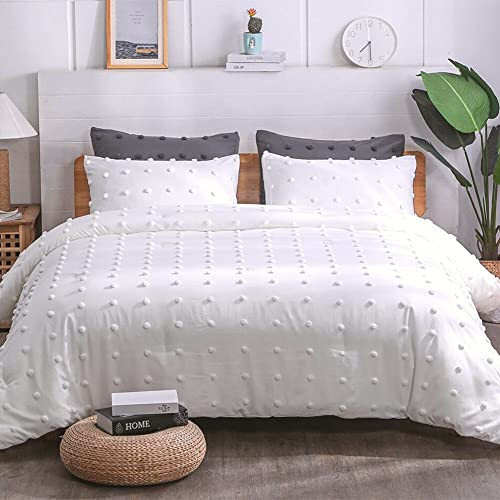 Paxrac Tufted White Queen Comforter Set (90x90 inches), 3 Pieces- Soft Cotton Jacquard Lightweight Comforter with 2 Pillowcases, Chenille Dots All Season Down Alternative Comforter Set for Bedding | Amazon (US)