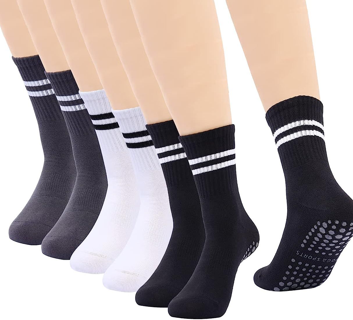 TARPPUHI 6 Pairs Women Long Pilates Socks with Grip Yoga Non Slip Socks with Stripe Grippy Hospit... | Amazon (US)