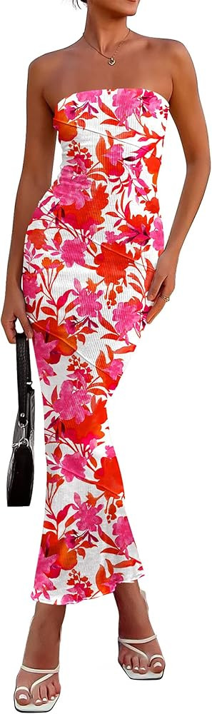 PRETTYGARDEN Women's 2025 Summer Floral Bodycon Maxi Dresses Ribbed Strapless Tube Casual Boho Pa... | Amazon (US)