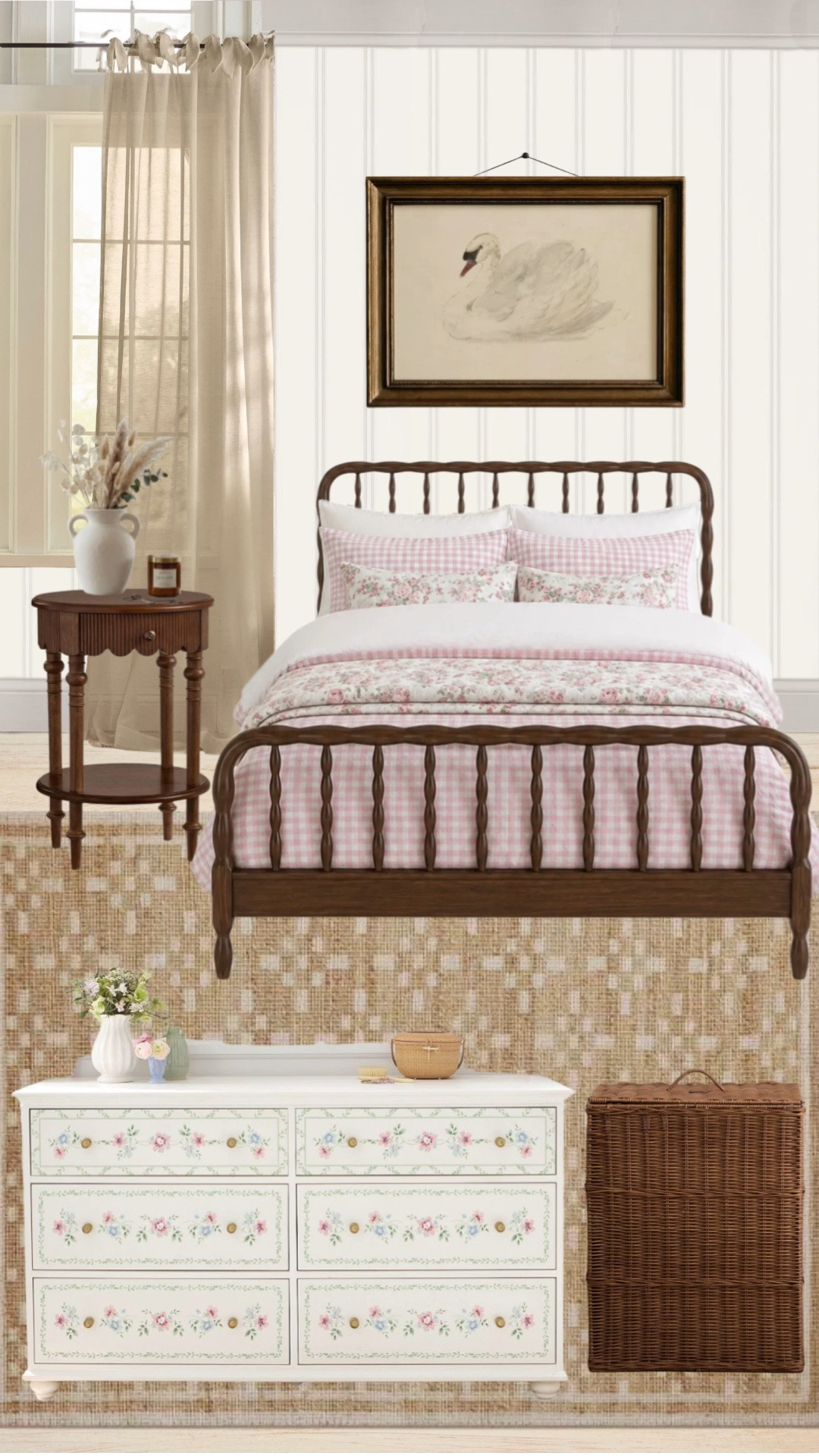 I wanted this bedroom design to feel cozy, vintage inspired, and sweet without leaning too trendy or overly themed 🤍

Mixing warm wood furniture with floral bedding, gingham patterns, woven textures, and cottage style details creates that collected look that feels timeless and easy to grow with. I always love using traditional furniture silhouettes in kids spaces because they help the room feel elevated while still feeling soft and inviting.

Rounded up all the pieces that create this cozy vintage girls bedroom look below ✨ 
@Wayfair @potterybarn