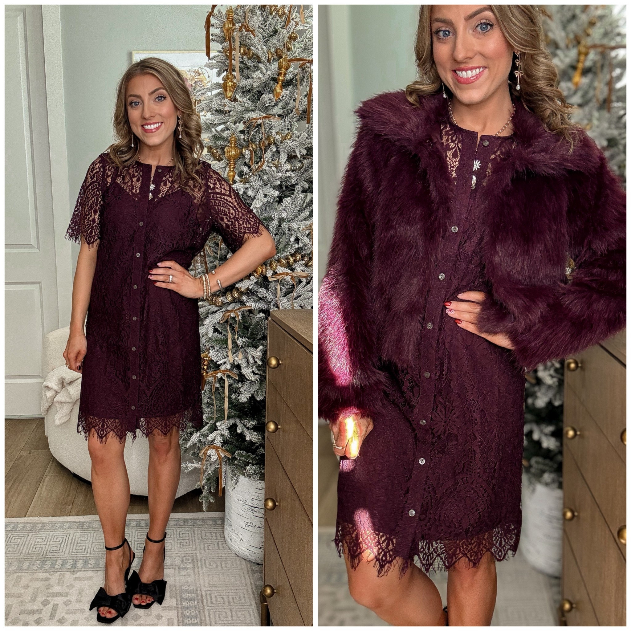This stunning Walmart lace dress is an absolute showstopper and it’s only $19 🤍 It features the prettiest lace detailing, a flattering silhouette, and it’s perfect for holiday parties, Christmas events, date nights, weddings, or dressy occasions. It also comes in classic black, making it such a versatile and timeless piece to have in your closet.

Layered with this gorgeous faux fur burgundy jacket that’s also under $20 — it instantly elevates the look and feels so luxe without the designer price tag. Finished the outfit with bow heels that are currently on sale, making this entire look affordable, festive, and so chic.

✔️ Walmart holiday dress
✔️ Under $20 lace dress
✔️ Faux fur jacket under $20
✔️ Affordable holiday outfit
✔️ Dressy Walmart fashion finds

Everything is linked in LTK so you can shop the full look easily ✨

#WalmartFashion #WalmartDress #HolidayOutfit #AffordableFashion #WalmartFinds #HolidayStyle #ChristmasOutfit #DressyOutfit #BudgetFriendlyStyle #LTKUnder50 #WalmartStyle #PartyOutfit #HolidayLooks