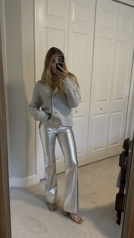 Target. Target style. Silver pants. High waisted silver pants. Metallic silver pants. Wild fable.  Metallic flare pants in solid color
•	Midweight, stretchy faux leather

#LTKHoliday #LTKfindsunder50 #LTKVideo