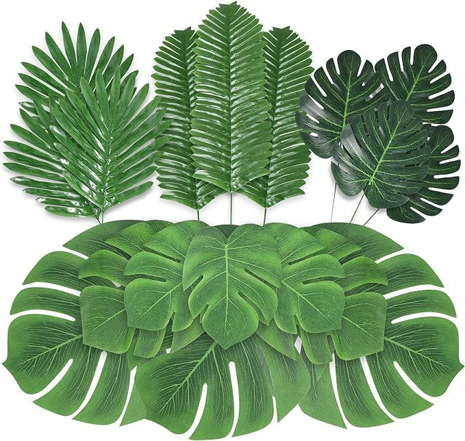 Deifer Tropical Party Decoration with Palm Leaves 88 Sets of 6 Types of Artificial Tropical Green... | Amazon (US)