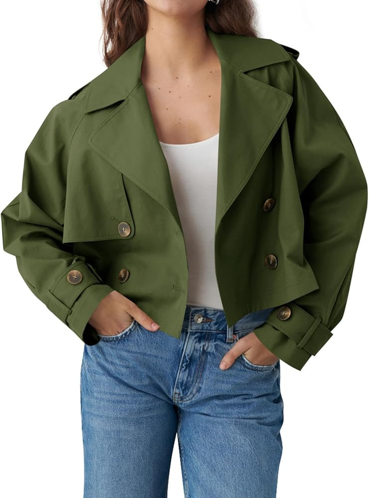 Tankaneo Womens Cropped Trench Coat Lapel Double Breasted Short Jacket Outwear with Pockets | Amazon (US)