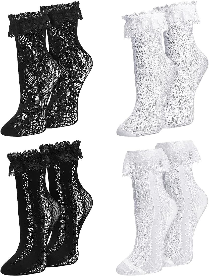 4 Pairs Women Ruffle Socks Cup Lace Socks Cute Trim Frilly Princess Wedding Goth Halloween Elegan... | Amazon (US)