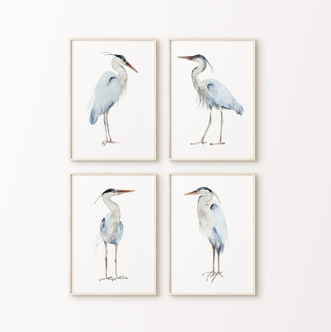 4 Heron Prints, Blue Coastal Birds, 4 Minimalist Herons, Modern Interior Decor, Prints, Four Post... | Etsy (US)