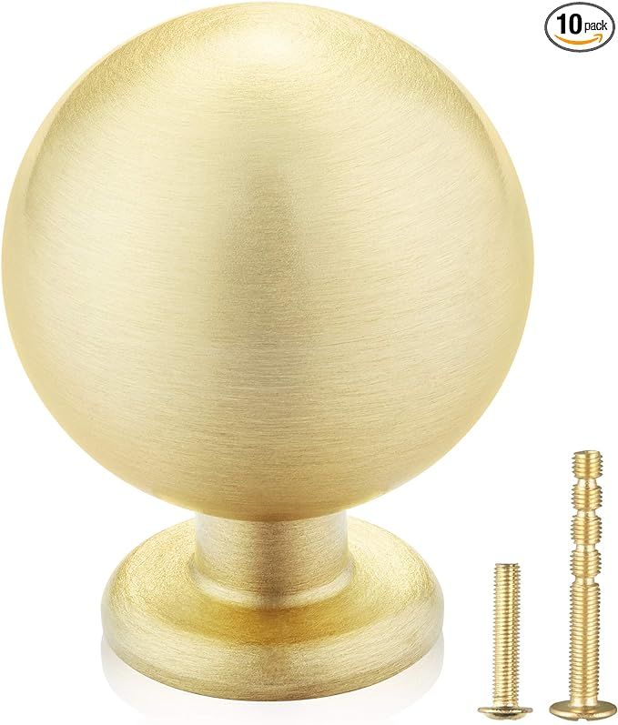 QogriSun 10-Pack Solid Brass Cabinet Knobs, Round Ball Gold Knobs for Dresser Drawer, 1.1-Inch Di... | Amazon (US)