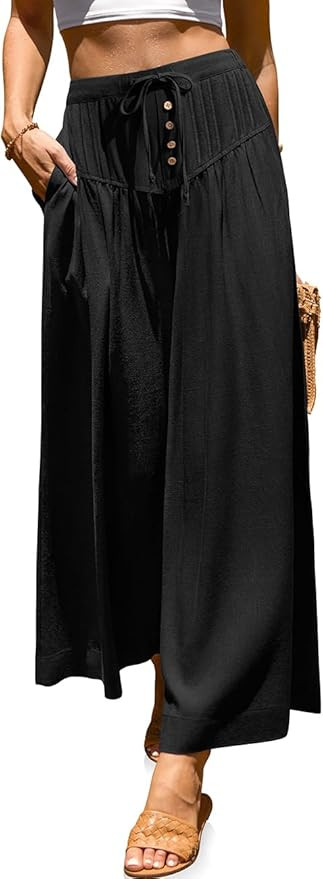 TARSE Women Linen Wide Leg Pants Palazzo High Waisted Boho Loose Casual Lounge Pant Beach Travel ... | Amazon (US)