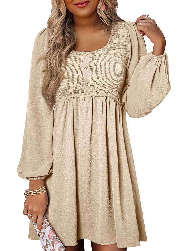 Dokotoo Womens 2025 Casual Dresses Smocked Crewneck Button Up Long Sleeve Empire Waist A-Line Min... | Amazon (US)
