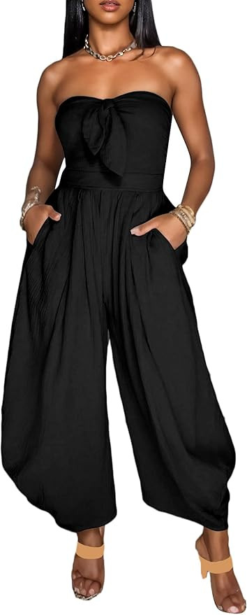 DINGANG Womens One Piece Strapless Jogger Jumpsuit Tube Top Off Shoulder Sleeveless Wide Leg Romp... | Amazon (US)