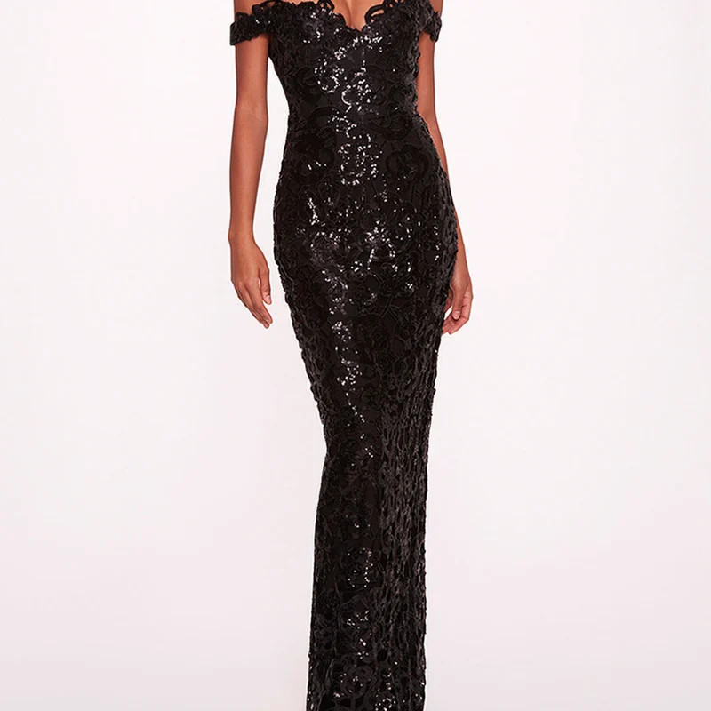 Marchesa Notte Organic Neckline Sequin Gown - Black - Black - 16 | Verishop