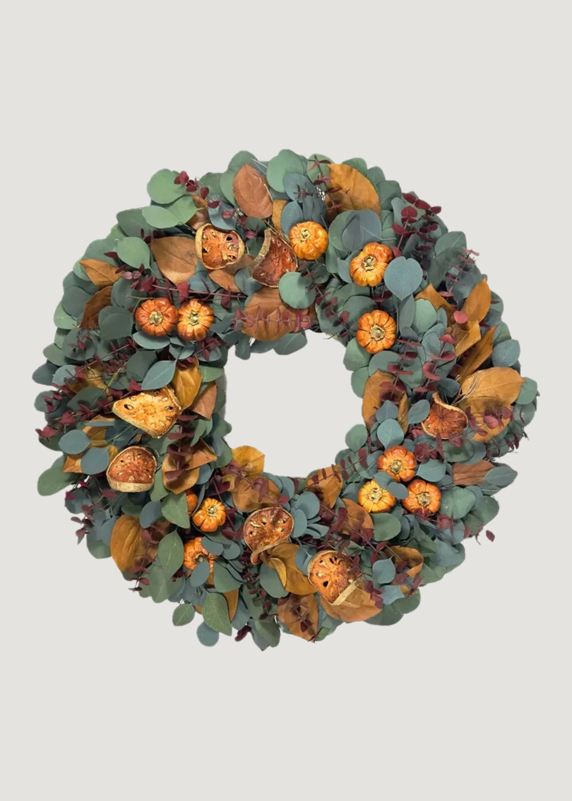 Natural Eucalyptus and Quince Fall Wreath with Pumpkins - 22" | Afloral