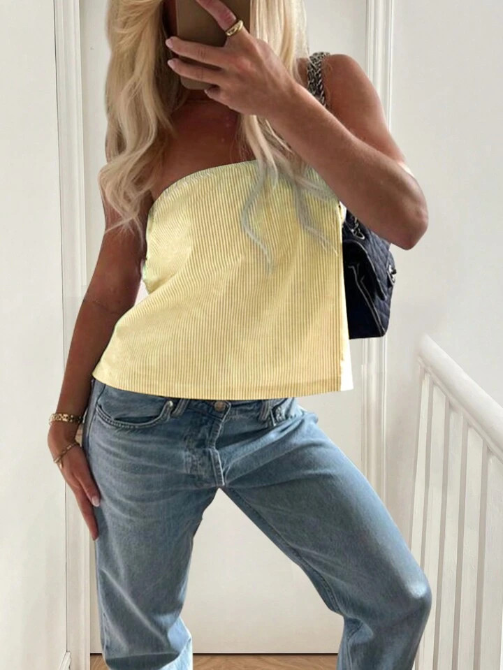 SHEIN MOOSTA Women's Sexy Off-Shoulder Striped & Floral Print Bandeau Top, Autumn | SHEIN