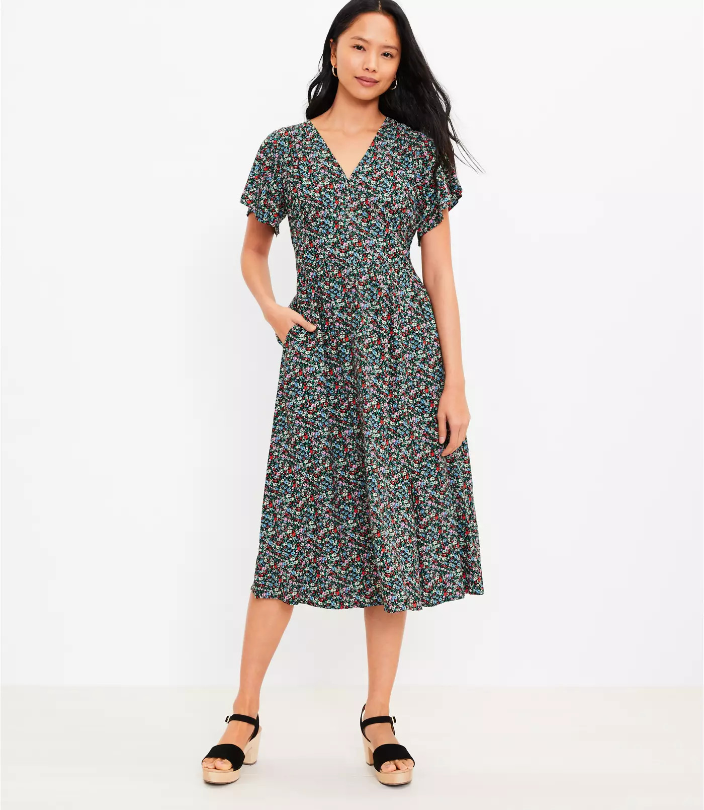 Floral Flutter Sleeve V-Neck Midi Dress | LOFT | LOFT