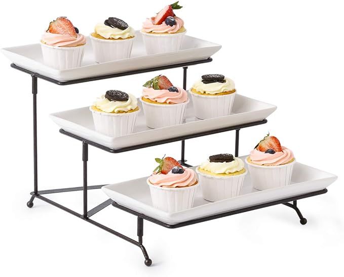 3 Tier Serving Stand Collapsible Sturdier Rack with 3 Porcelain Serving Platters Tier Serving Tra... | Amazon (US)