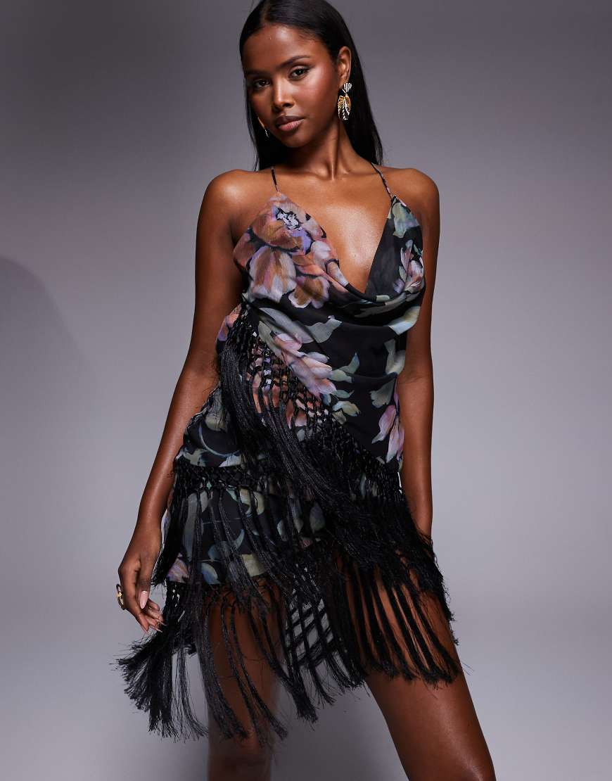 ASOS DESIGN layered fringe detail cowl plunge mini dress with drape open back in black floral print-Multi | ASOS (Global)