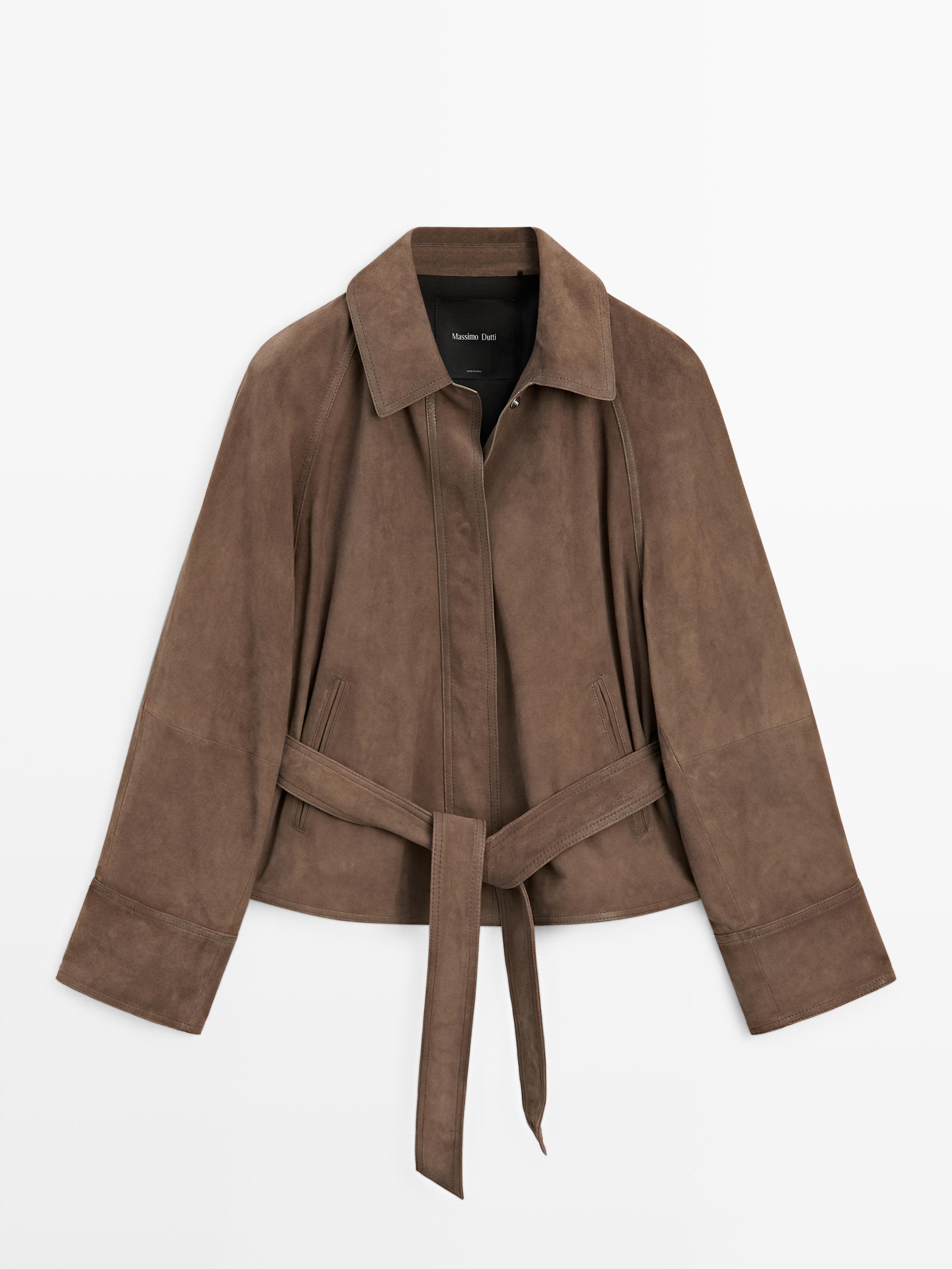 Suede leather jacket with belt | Massimo Dutti UK