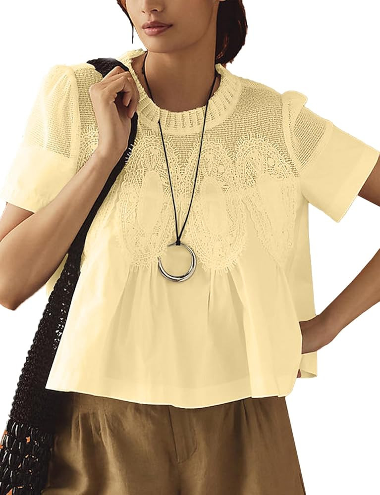 Women's Babydoll Tops Short Sleeve Lace Detail Blouses Flared Pleated Swing Sheer Mesh Shirts | Amazon (US)