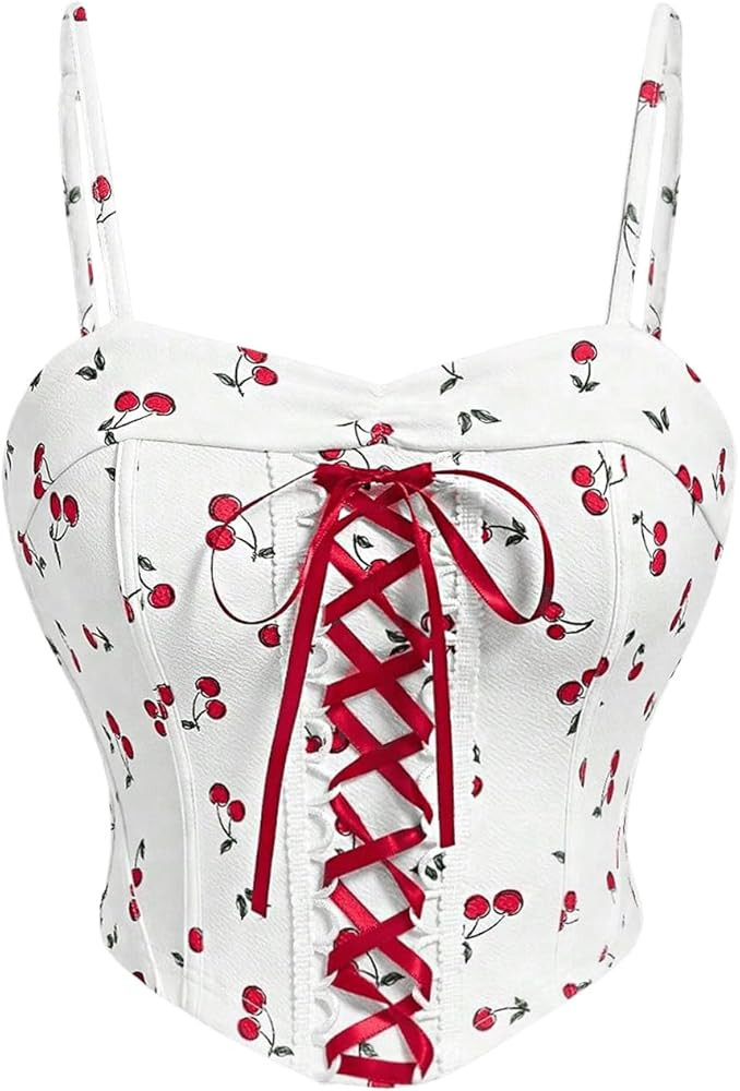 MakeMeChic Women's Cherry Spaghetti Strap Lace Up Camisole Top Sleeveless Summer Bustier Crop Top... | Amazon (US)