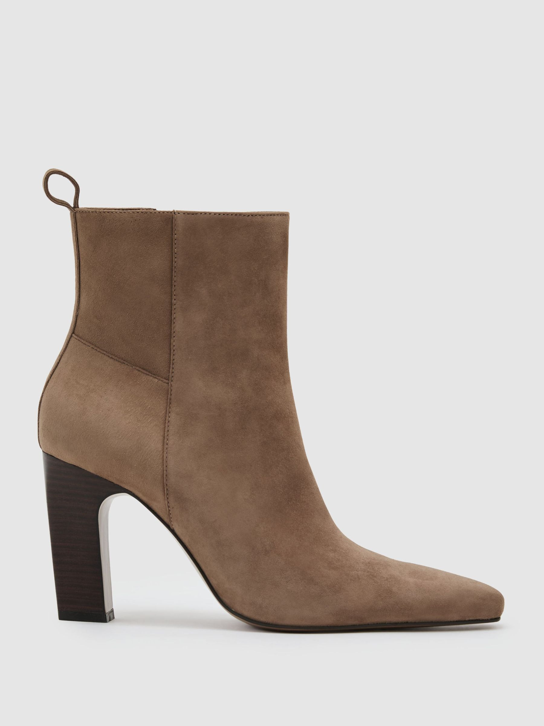 Reiss Suede Chisel-Toe Block-Heel Ankle Boots in Taupe - REISS | Reiss UK