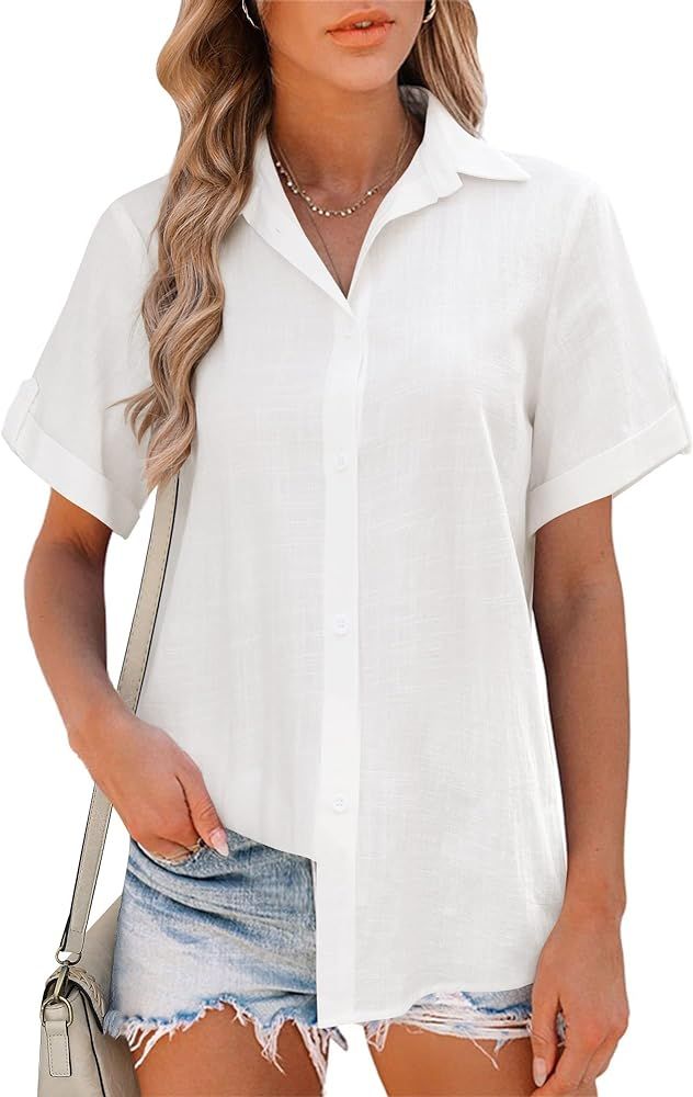 HOTOUCH Linen Button Down Shirt Women Cotton Short Sleeve Blouses V Neck Collared Button Up Summe... | Amazon (US)