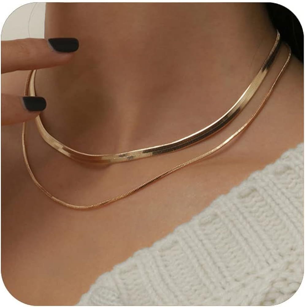 YANODA Herringbone Necklace for Women,14K Gold Necklaces for Women, Dainty Layered Gold Necklace ... | Amazon (US)