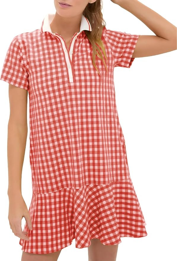 LTSCNRM Women's Gingham Polo Dress Short Sleeve V Neck Ruffle Hem Mini Dress Plaid Golf Tennis Ca... | Amazon (US)