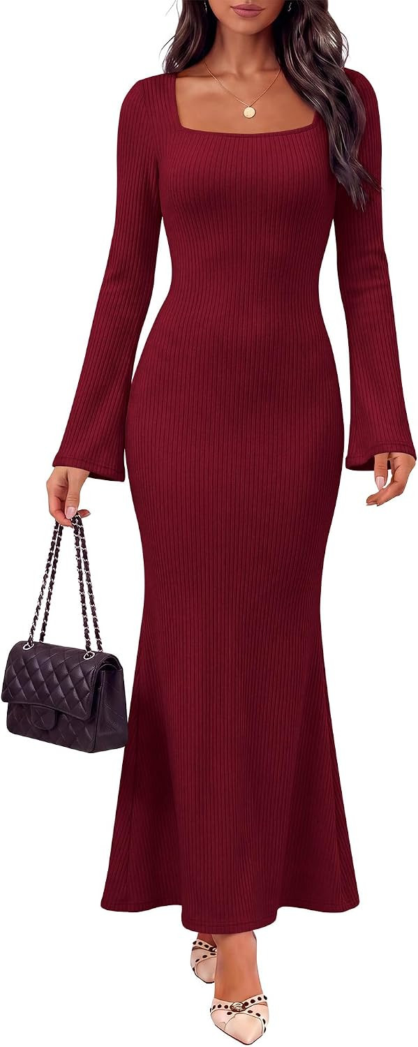 Caracilia Women's Square Neck Long Sleeve Maxi Dress Bodycon | Amazon (US)