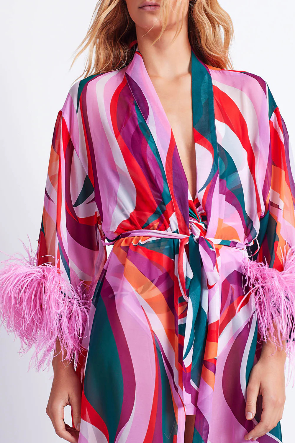 DELOS FEATHER TRIM KIMONO | PatBO