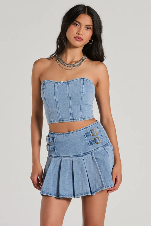 Flirty Duo High-Rise Buckle Pleated Denim Mini Skirt | Windsor Stores
