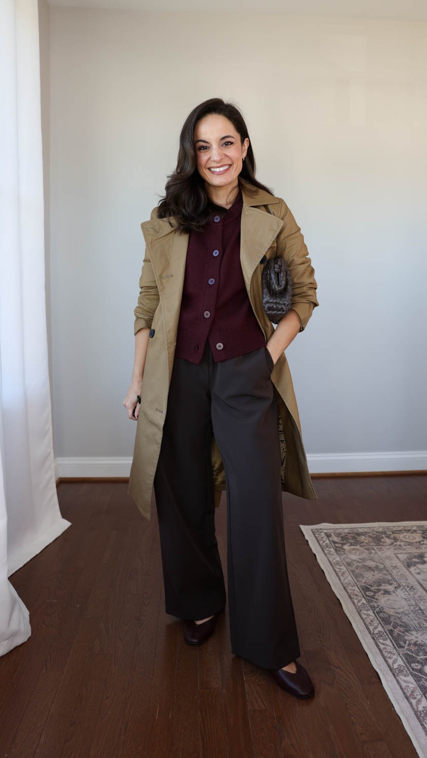 A look at the fit of the Comfort Stretch Trench Coat from @Quince #quincepartner 

It’s not a perfect petite fit, but close! An option worth having tailored for a well priced and well made trench coat. 

Stretch Crepe Drawstring Wide Leg: xs in coffee bean
Merino Wool Raglan Crewneck Cardigan: xs 
Comfort Stretch Trench Coat: xs in Dark Khaki