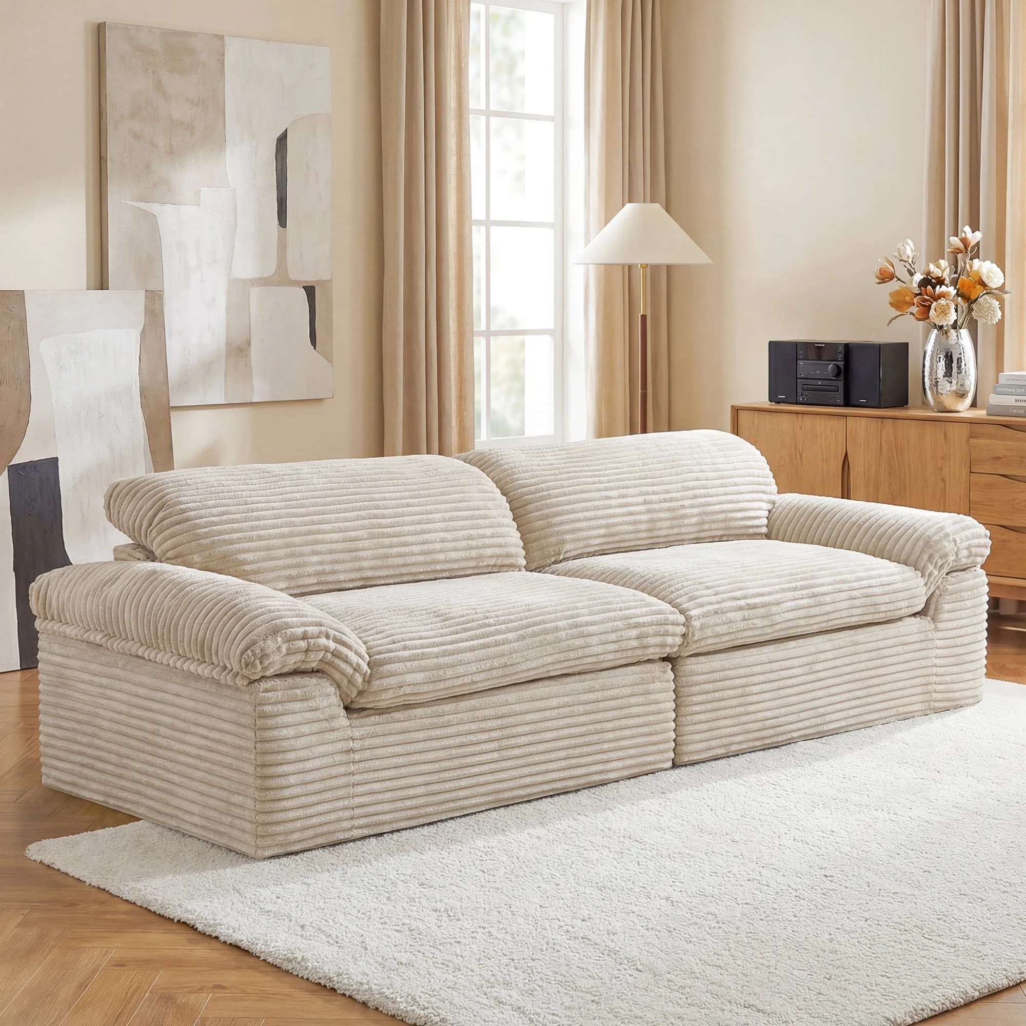 Neche 114" Boneless Sofa Couch for Living Room, Deep Seat, Soft Corduroy Design, Camel | Walmart (US)