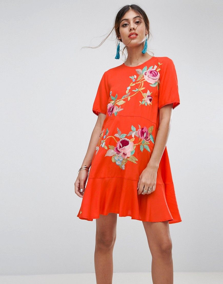 ASOS Embroidered Drop Waist Dress - Orange | ASOS US