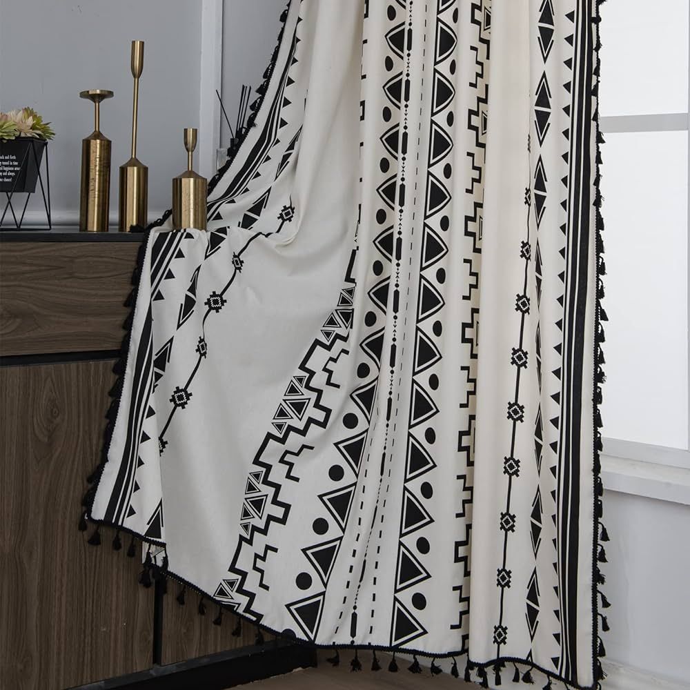 Sutuo Home Black and White Boho Curtain 84 Inches Length for Bedroom, Printed Cotton Linen Geomet... | Amazon (US)